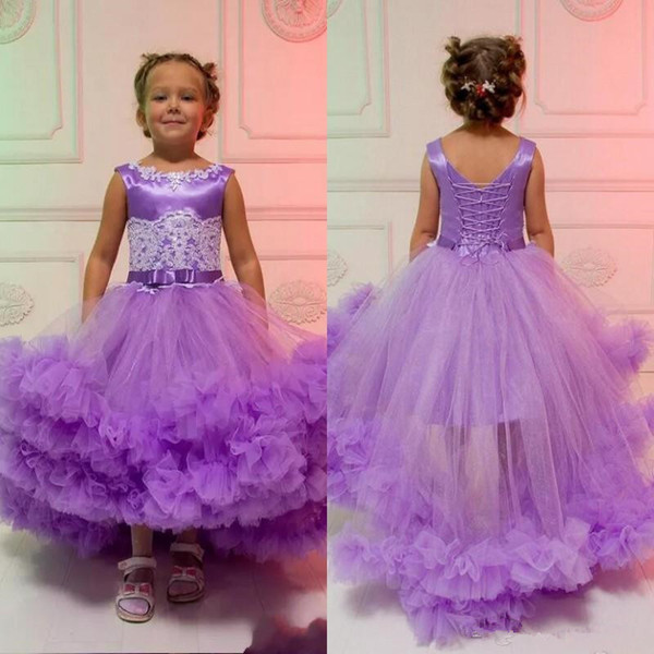 Lavender High Low Flower Girl Dresses With Sash Ruffles Tiered Lace Appliques Girls Pageant Dress Back Lace Up Tulle Kids Birthday Dress