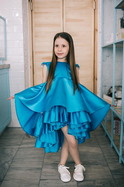 Lovely Blue Satin Tiered Pageant Dresses for Teens Hi-Lo Design Cap Sleeves Little Girls Prom Dress Birthday Christmas Gown Mid Length