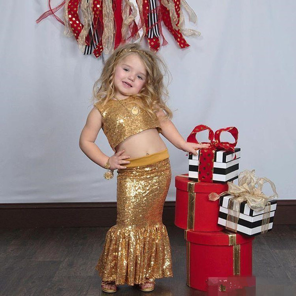 2022Sparkling Gold Two Pieces Girls Pageant Dresses Jewel Mermaid Skirts Dress Sequined Mermaid Custom-made