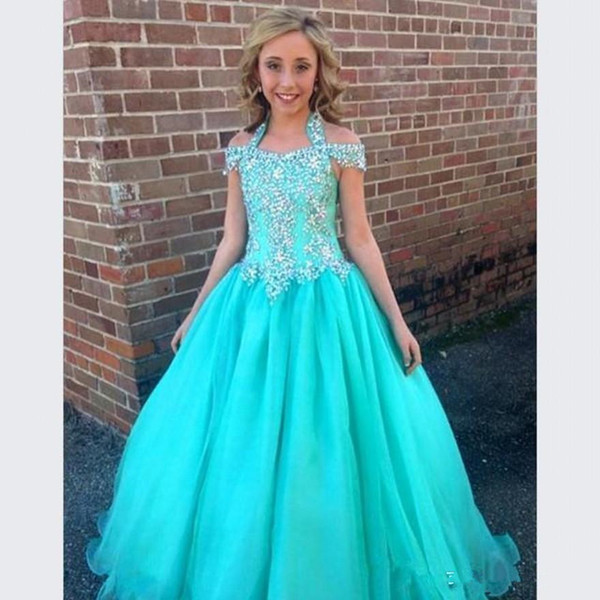 Luxury Halter Pageant Dresses For Girls Teens Beadeds A Line Flower Girl Dresses For Weddings Junior Glitz Dress Kids Formal Wear