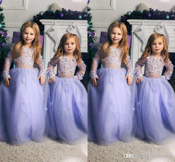 Long Sleeves Pageant Dresses Jewel Neck Long Sleeves Lavender Tulle Lovely Children Birthday Dresses Kids First Communion Dress