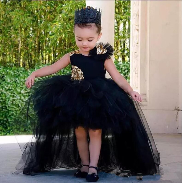 Cute Hi-Lo Black Girls Pageant Dresses 3D Flower Gold Appliques Flower Girl Dresses Kids Formal Wear