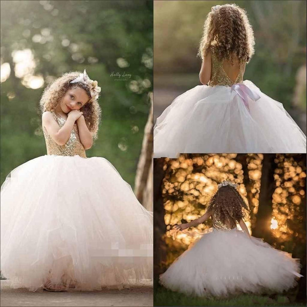 Adorable Girls Pageant Dresses Gold Sequined Top Tulle Ball Gwon Flower Girls Dresses Kids Formal Wear