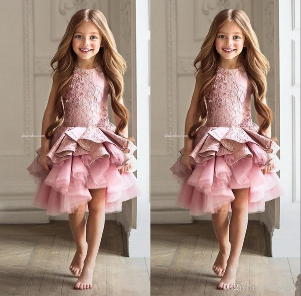 Blush Pink Layers Cute Girls Pageant Dress Floral Appliques Beaded Jewel Neck Short Flower Girl Dresses