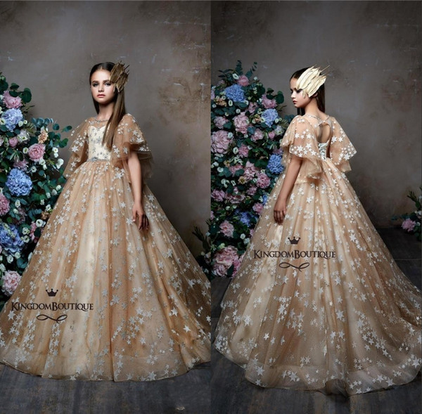 Champagne Girls Pageant Dresses with Stars Appliques Poet Sleeve Lace-up Back Puffy Flower Girls Dresses Kids Formal Wear BC1706