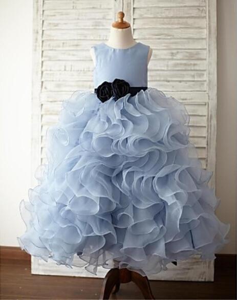 Light Sky Blue Girls Pageant Dresses Black Floral Sash Puffy Ruffle Train Flower Girls Dresses Kids Formal Wear