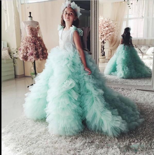 Sage Puffy Ruffle Girls Pageant Dresses Sweep Train Lovely Tulle Flower Girl Dresses Kids Formal Wear