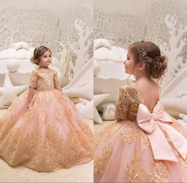 Cute Half Sleeve Pink Girls Pageant Dresses Gold Lace Appliques Designed Jewel Neck Ball Gown Flower Girl Dresses BC0100