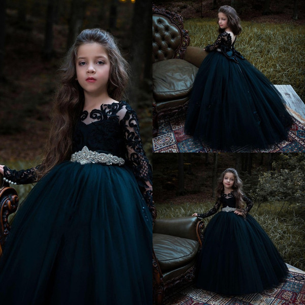 Black Long Sleeve Girls Pageant Dresses Lace Appliques Beaded Sash Tulle Ball Gown Flower Girl Dresses Birthday Party Gown BC0202