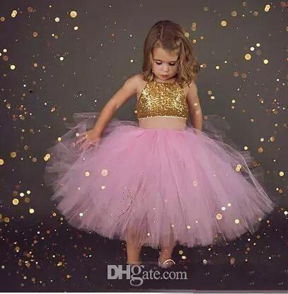 Two Pieces Ball Gown Little Girls Pageant Dresses Jewel Sleeveless Tea Length Gold Sequined Flower Girls Birthday Party Gowns Cheap