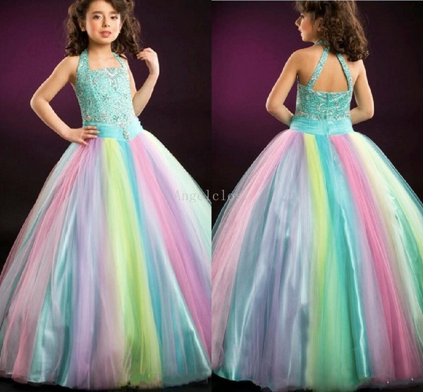Elegant Fashion Girl's Pageant Dresses Ball Gown Halter Neck Sleeveless Backless Beading Special Occasion Flower Girl Dress Custom
