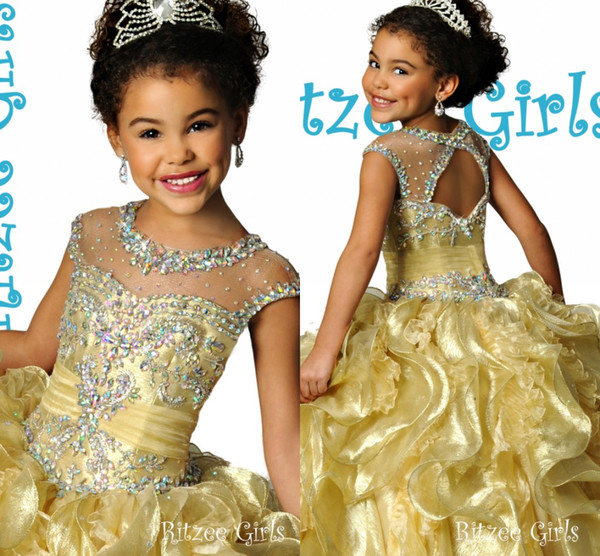 2018 New Gold Cute Ball Gown Little Girls Pageant Dresses Sheer Jewel Crystal Beaded Flower Girls Gowns Party Wear For Toddler Teens Cheap