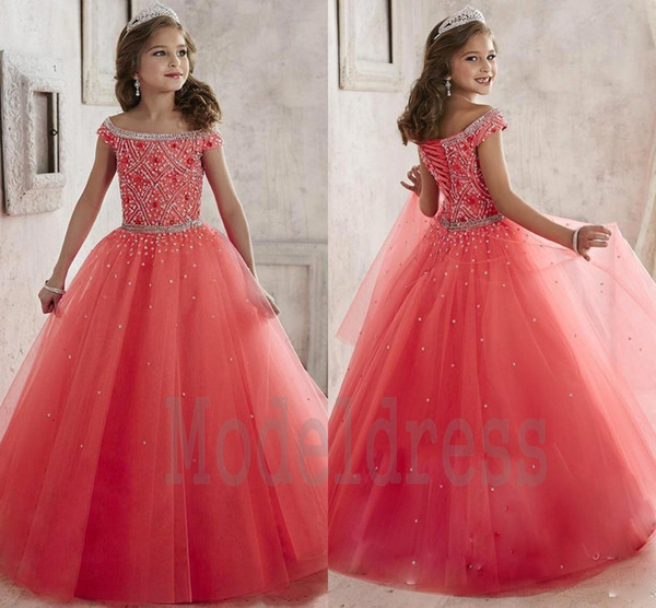 New Little Girls Pageant Dresses Bateau Floor Length Major Beading Tulle Flower Girls Kids Birthday Party First Communion Gowns Cheap