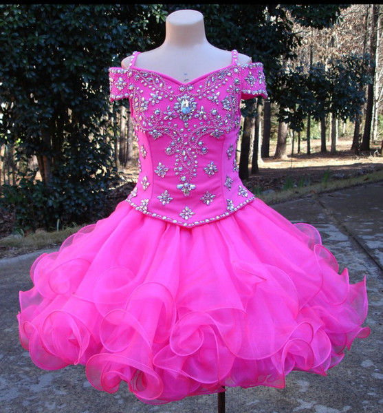 Real Image Fuchsia Little Girls Pageant Dresses Off Shoulder Crystal Organza Short Flower Girls Dress Toddler Party Prom Wear Gown