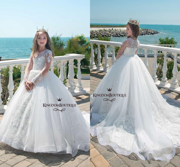 Beautiful White Ball Gowns Princess Kids Wedding Dresses Lace Appliques Pearl Long Sleeves Girls Pageant Gown Tulle Flower Girl Dress