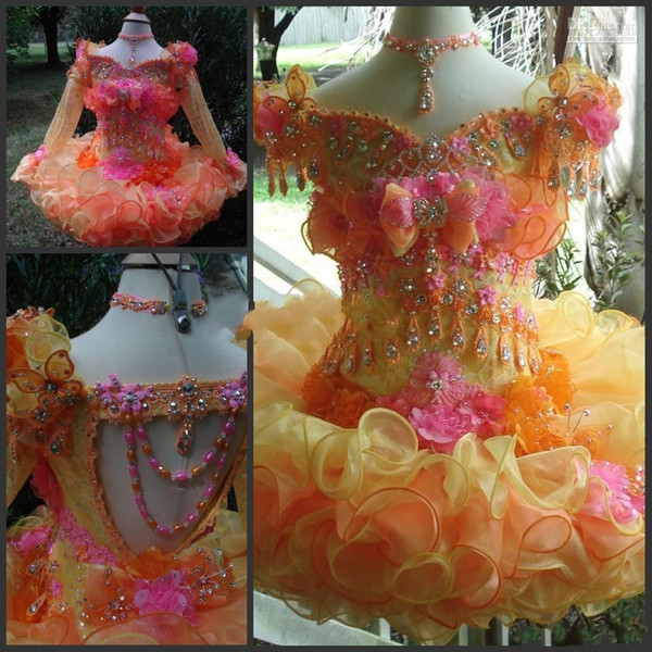 Colorful Cute Girls Pageant Dresses Little Kids Cupcake Pageant Dress Cap sleeves Organza Crystal Beads Mini Flower Girl Dresses BA9078