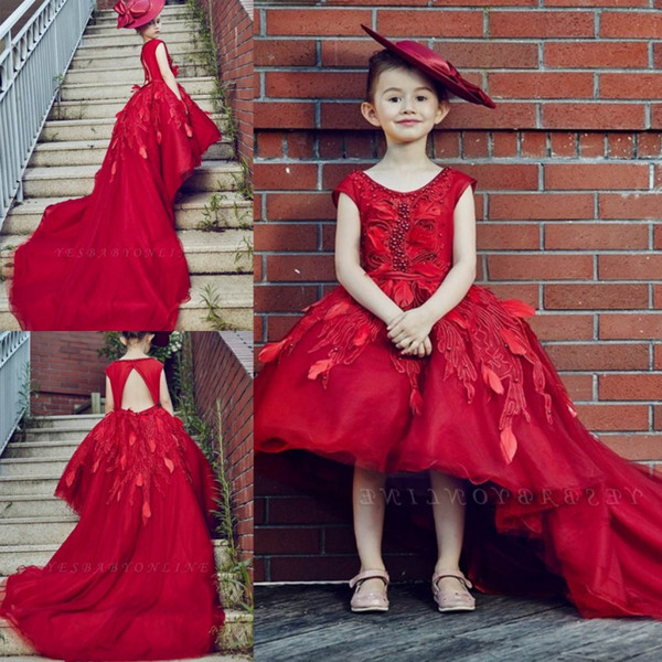 Adorable Red Girls Pageant Dresses High Low Princess Scoop Little Kids Prom Evening Gowns Birthday Flower Girl Dress With Train