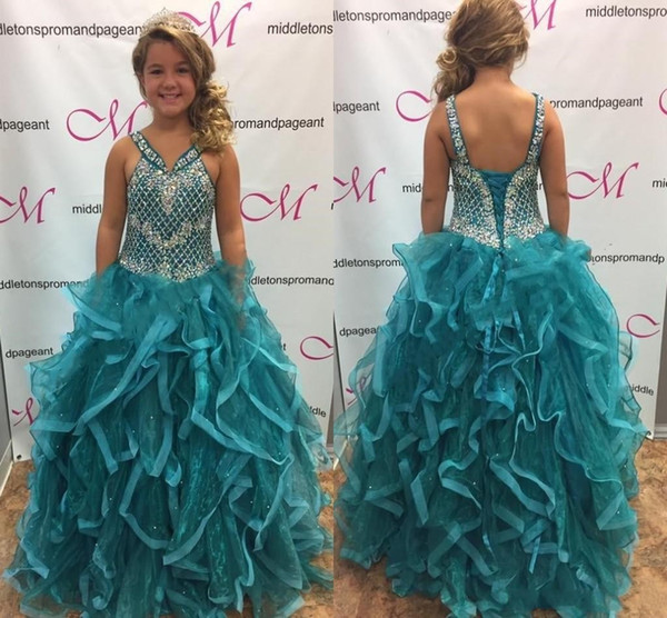 Aqua Hunter Green Tiered Skirts Girls Pageant Dresses Beaded Rhinestones Ruffles Long Kids Formal Gowns with Lace-up Back Flower Girl Dress