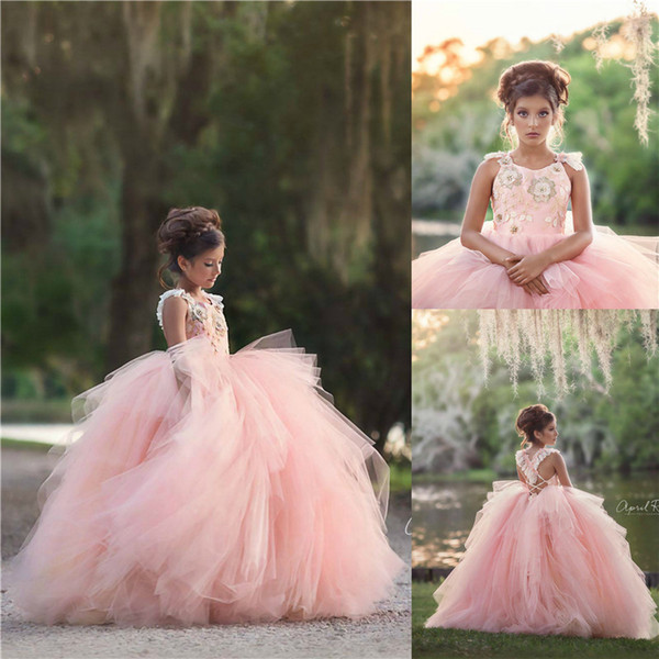 Lovely Pink Princess Girls Pageant Dresses Ball Gown Appliques Spaghetti Straps Layers Long Kids Formal Gowns Birthday Prom Dress