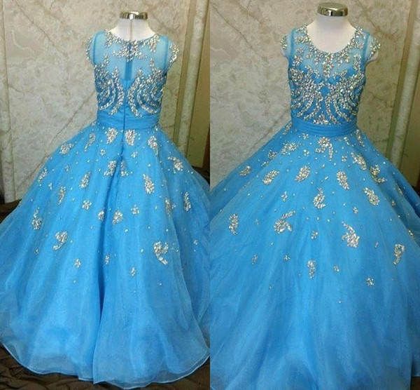 New Blue Girls Pageant Dresses Sheer Crew Neck Tulle Rhinestone Crystal Beads Glitz Ball Flower Flower Girl Dress BO9281