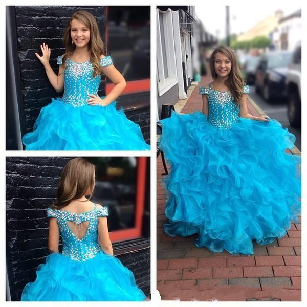 Girls Pageant Dresses Tutu Puffy Tier Layers Skirts Beaded Crystals Off Shoulders Long Kids Formal Party Prom Gowns