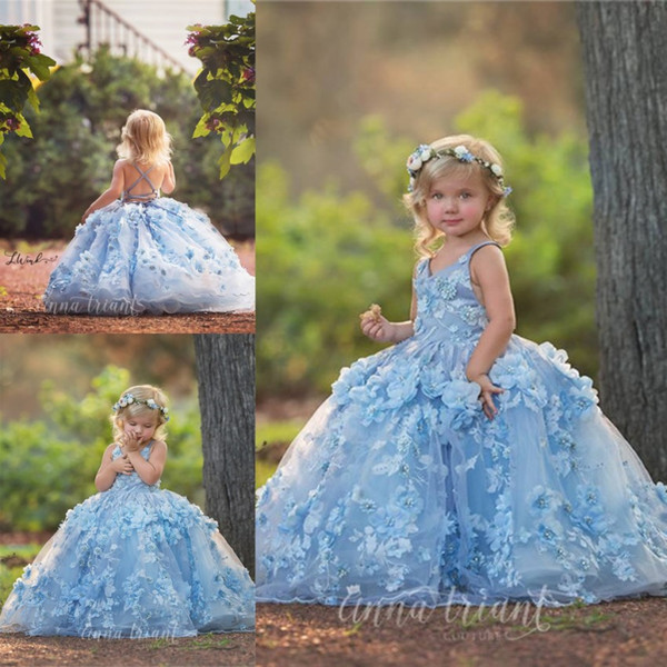 Lovely Sky Blue Ball Gowns Toddler Girls Pageant Dresses Beautiful Hand Made Flowers Appliques Beads Puffy Long Kids Formal Dress