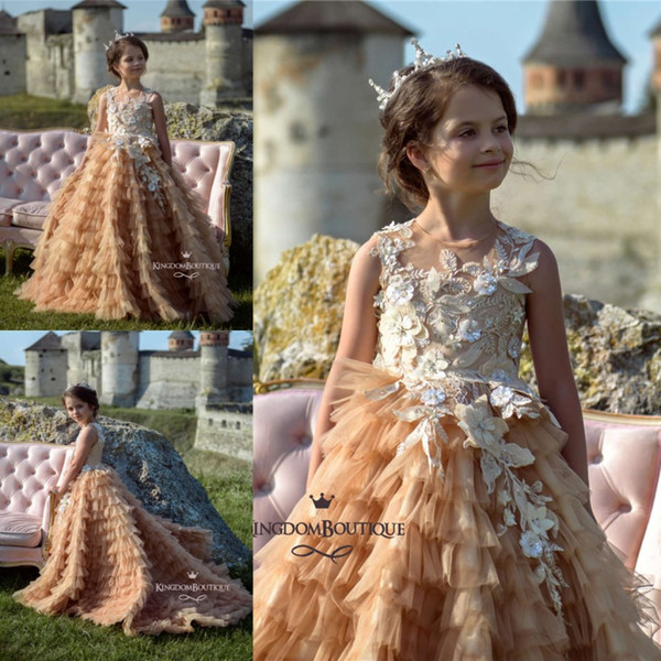 Tier Ruffles Ball Gown Girl Dresses Modest Champagne Appliques Flowers Long Train Kids Toddler Formal Gowns Prom Birthday Dress BC0461