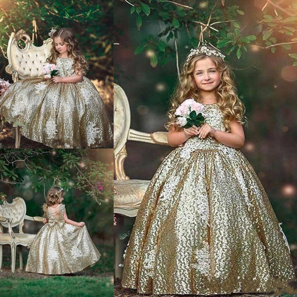 Bling Gold Sequins Girls Pageants Dresses Sleeveless Bow Floral Birthday Dresses First Communion Gowns Flower Girl Dress BC1484