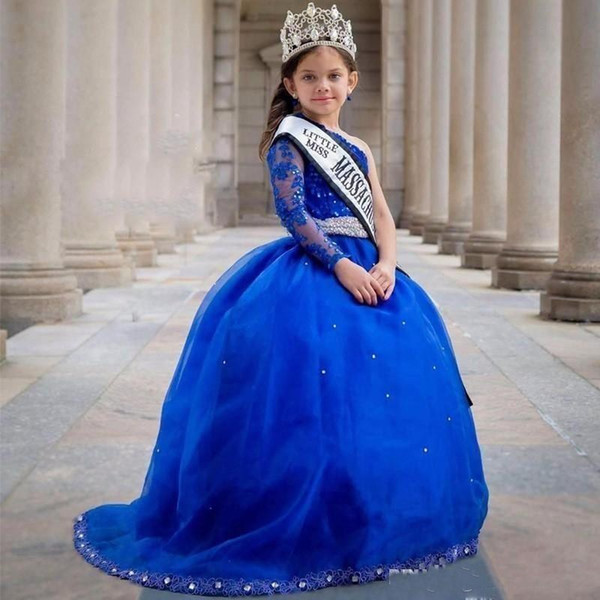 Royal Blue Girls Pageant Dresses With Sash Long Sleeves One Shoulder Princess Ruffle Beaded Appliques Formal Girl Dresses Kids Party Gowns