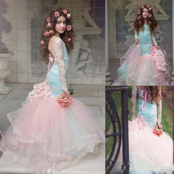 Gorgeous Pink Mermaid Flower Girls Dresses Lace Long Sleeves Tired Tulle Pageant Gowns for Little Girl Children Party Dresses