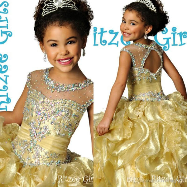 Luxury Gold Illusion Crew Keyhole Back Ball Gown Floor-length Layers Ruffle Organza Crystals Heavy Beaded Ritzee Girl's Pageant Dresses