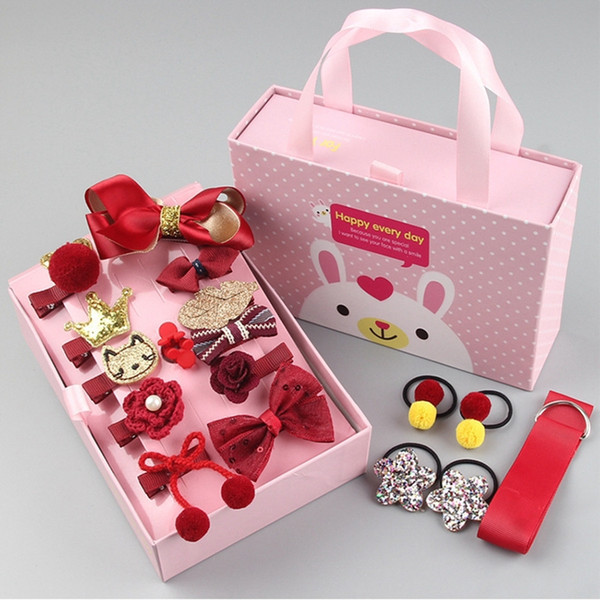 Cute Hair Accessories Suit Gift Box Wedding Flower Girl Hair Accessories Princess Hair Clips Bowknot Belt 18 Different Styles 7 Colors