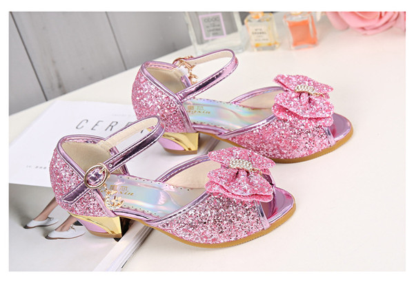Pink Shiny Cinderella Sequins Sandal Designer Fashion Luxury Brand Girl Shoes Big Sequins Bow Designer Shoes Full Sequins Kids Formal Wear