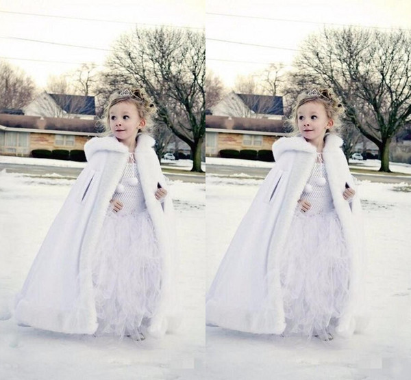 2017 New Cheap Hooded Flowers Girls Cape Custom Made For Wedding Cloaks Christmas White Ivory Faux Fur Winter Wedding Jacket Wraps Long