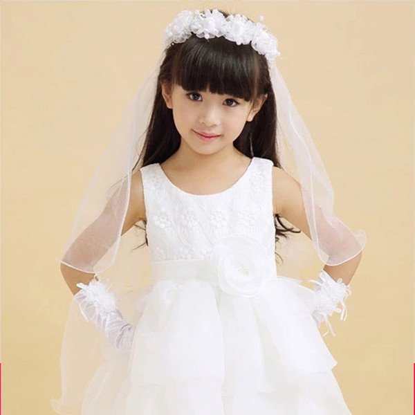 2018 New Arrival Two Layers White And Pink Flower Girl's Bridal Veil With Wreath Wedding Veil For Girls