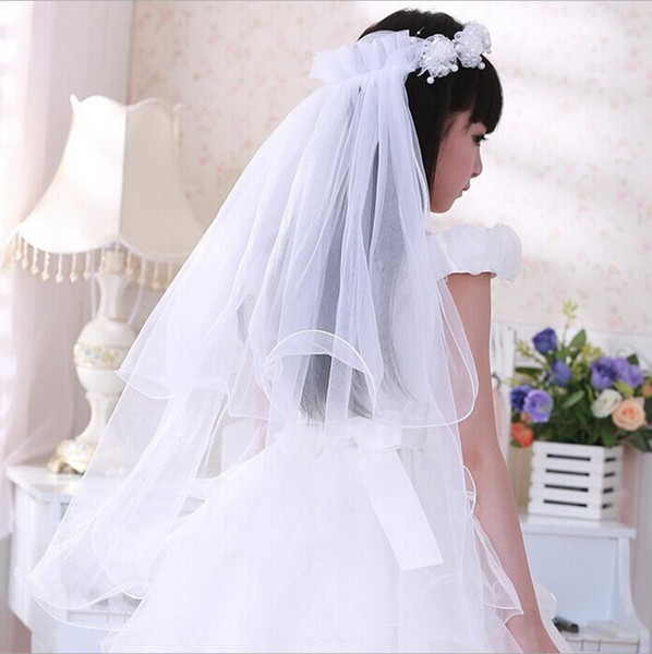 Stock 2018 White Long Beaded Pearl Garland Tulle Flower girls veils for Wedding Birthday Veils