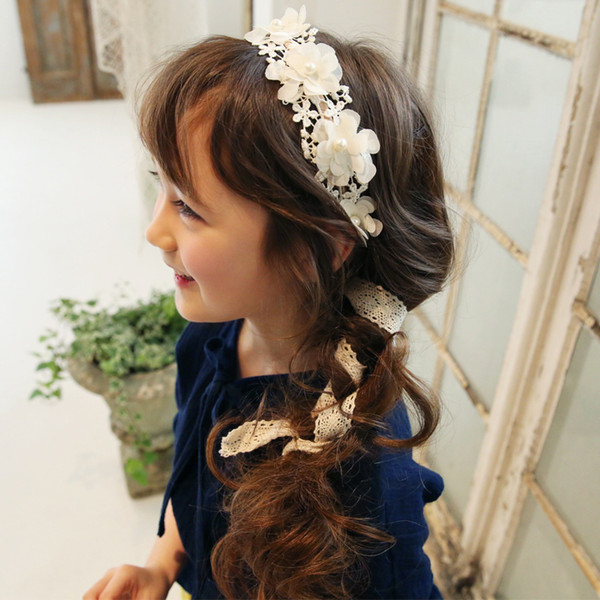 Lace Flowers Garlands Appliques Adjustable Flower Girl Head Piece Korean Top Quality Pearls Hair Accessories for Wedding Free Shipping