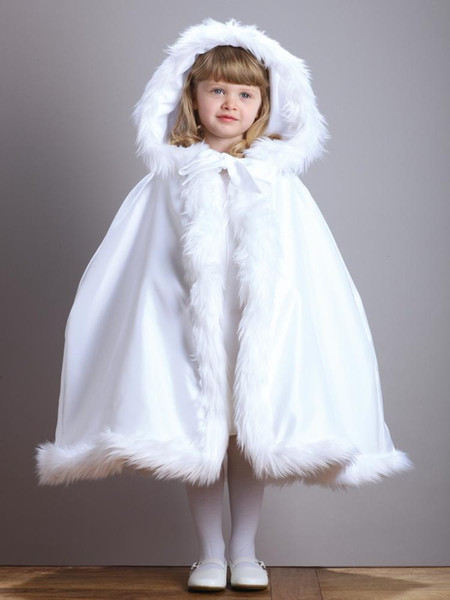 New Arrival Warm Hooded Children's White Satin Flower Girl Wedding Cloak With Faux Fur Trim Tea-Length Winter Kid Long Wraps Jacket