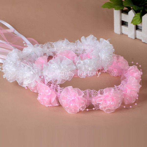 Flower Crown Head Band Hair Accessories Lace Ribbon lovely Headband for Girls Headpiece White or Pink