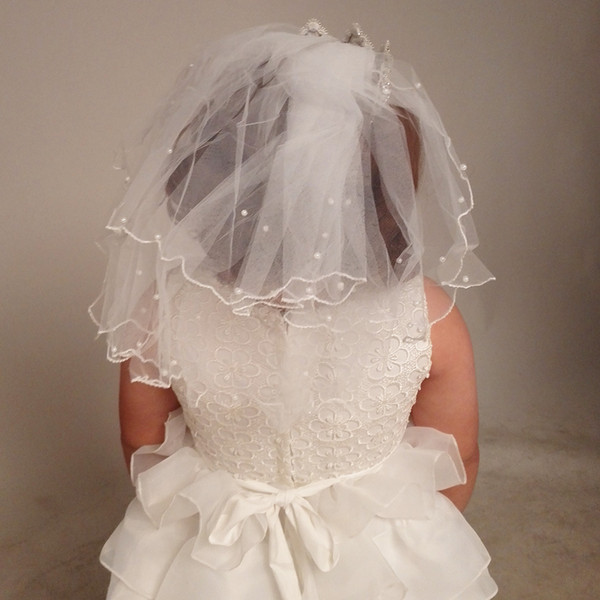 2018 Flower Girl Veil Children's Hair Accessories Headband Ribbon Edge Pearls 2 Layers Christening Short Veil for Infant Newborn Girl Veils