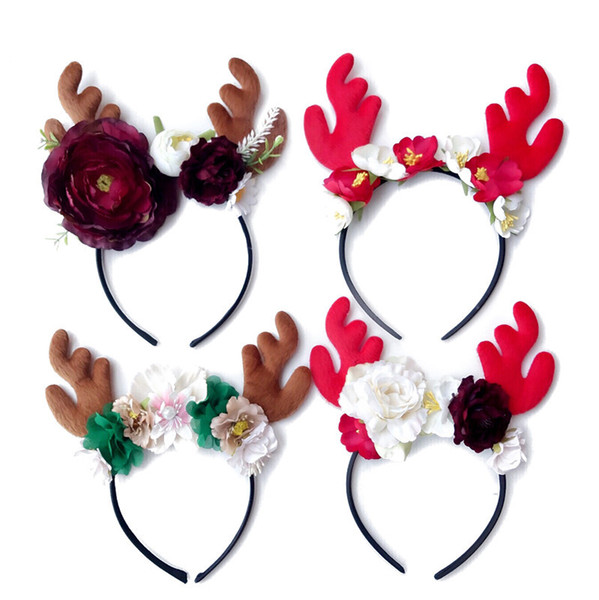 Kids Girls Christmas Hair Hoops 2018 Deer Flowers Headbands for Little Girls Infant Toddler 4 Colors