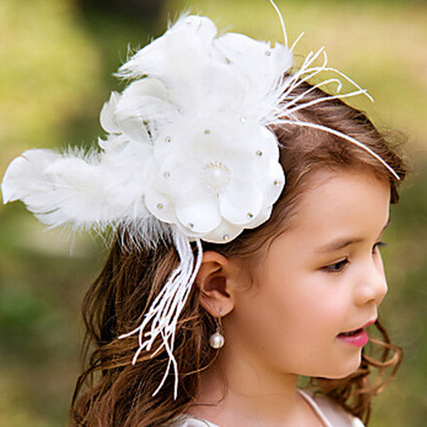 Luxurious Feather White Flower Girl Hair Accessories Children Tiaras Formal Kids Party Head Pieces Girls Cute Flower Princess Headwear