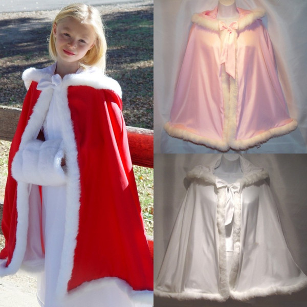 2018 New Arrival Warm Hooded Children's Satin Flower Girl Wedding Cloak With Faux Fur Trim Tea Length Winter Kid Long Wraps Jacket