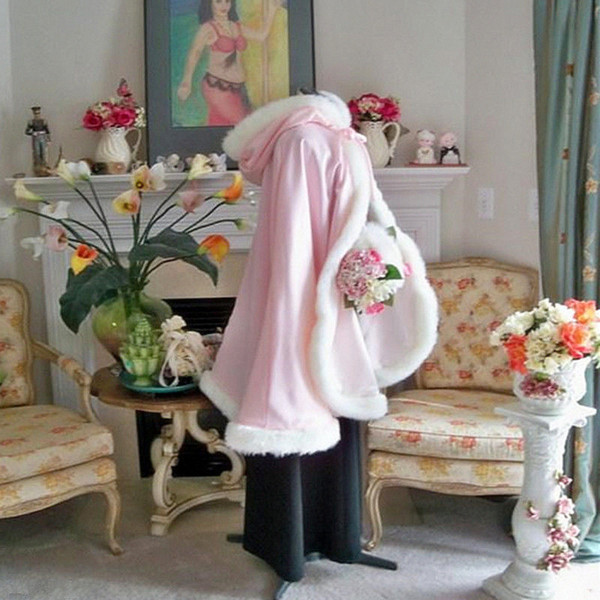 Pink Children's Custom Made Lovely Girls Cape Kids Wedding Cloaks Faux Fur Jacket For Winter Kid Flower Girl Children Satin Hooded Child