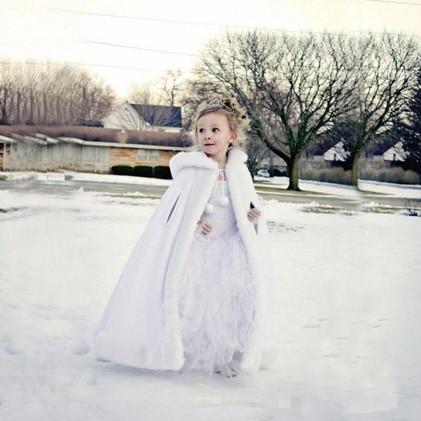2017 New Cheap Hooded Flowers Girls Cape Custom Made For Wedding Cloaks Christmas White Ivory Faux Fur Winter Wedding Jacket Wraps Long