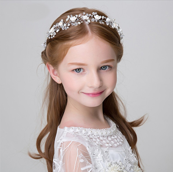 Bridal flower crown handmade girls colorful pearls rhinestones princess wreath boutique children ribbon Bows wedding hair accessories