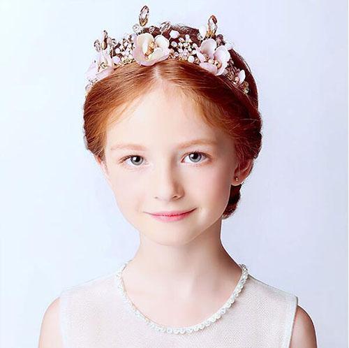 2019 Luxury Pink Flower Girl Princess Crowns Crystal Beading Headband Pageant Kids Party Birthday Handwork Flower Applique Hair Accessories