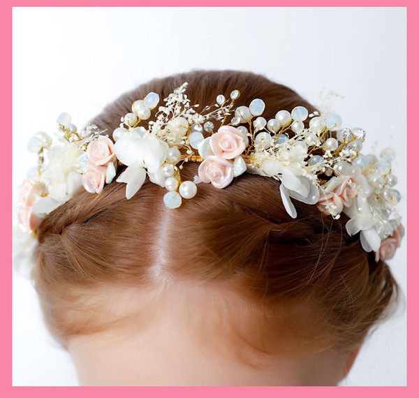 2018 Vintage Pearls Crystals Flower Girls Crowns Cheap Beautiful Little Girl Pageant Crown Fashion Christmas Gifts C37