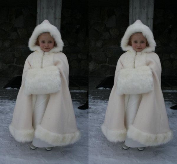 Winter Warm Flower Girls Faux Fur Girl Wrap White Ivory Fur Shawl Cloaks Jacket Boleros Shrug Wedding Dresses Little Children Cap Wrap