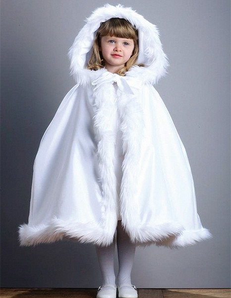 White Children's Custom Made Lovely Girls Cape Kids Wedding Cloaks Faux Fur Jacket For Winter Kid Flower Girl Children Satin Hooded Child